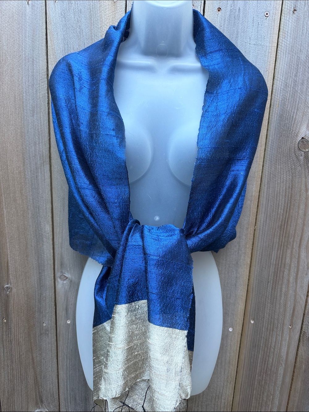 Two-Tone Scarf Wrap Royal Blue & Gold/Beige Made in India 100% Dupioni Silk
